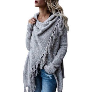 Women's Tassel Hem Sweater Long Cardigan Knitwer Pullover Poncho Coat